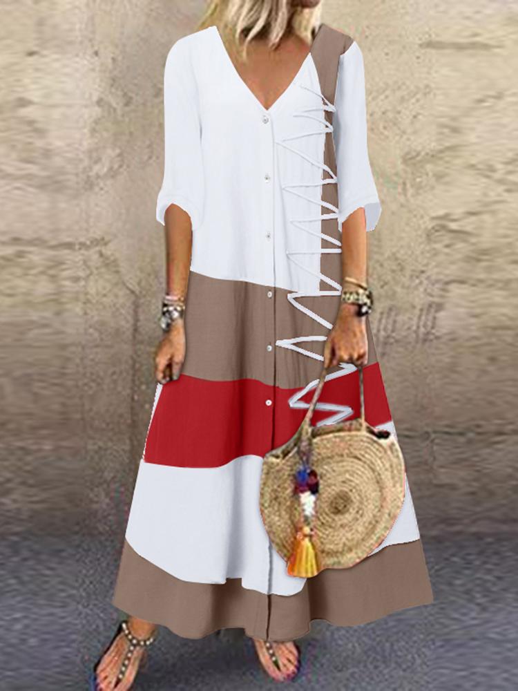 Loose V-Neck Cotton Dress SKUI33348-serendiple.com