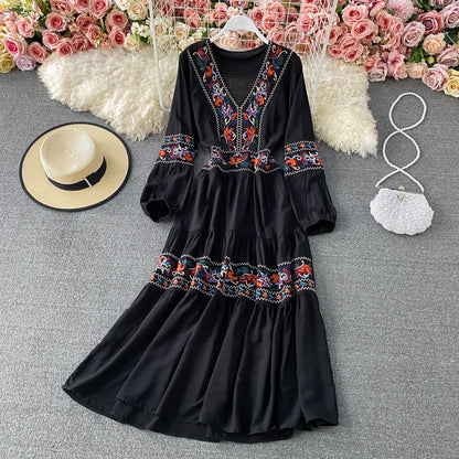 Vintage Print Long Sleeved Prairie Maxi Dress-serendiple.com