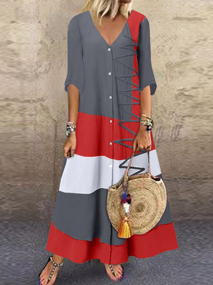 Loose V-Neck Cotton Dress SKUI33348-serendiple.com