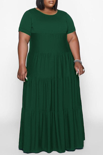 Plus Size Ruffle Round Neck Ruched Maxi Dress-serendiple.com