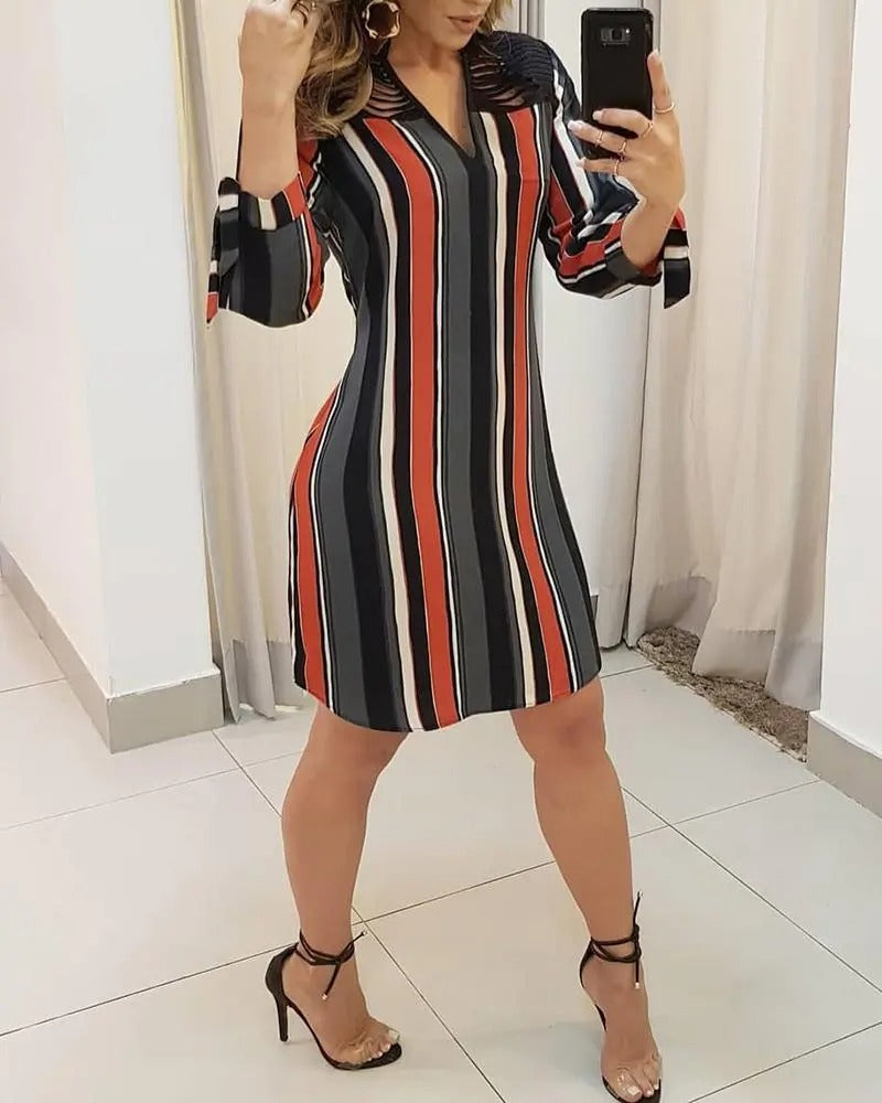 Striped Tassels Insert Tie Sleeve Shirt Dress-serendiple.com