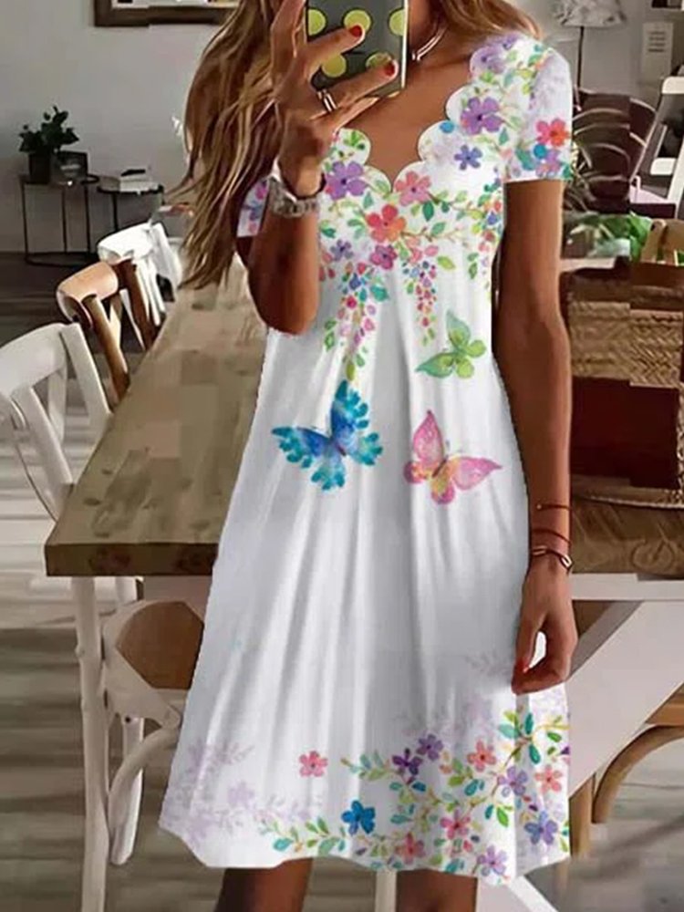 Scallop Neck Floral Vacation Midi Dresses-serendiple.com