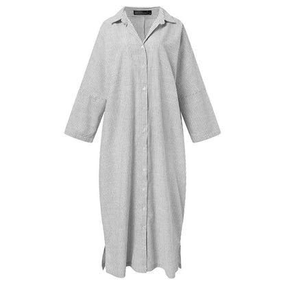 Puff Sleeve Stripe Printed Casual Maxi Dress-serendiple.com