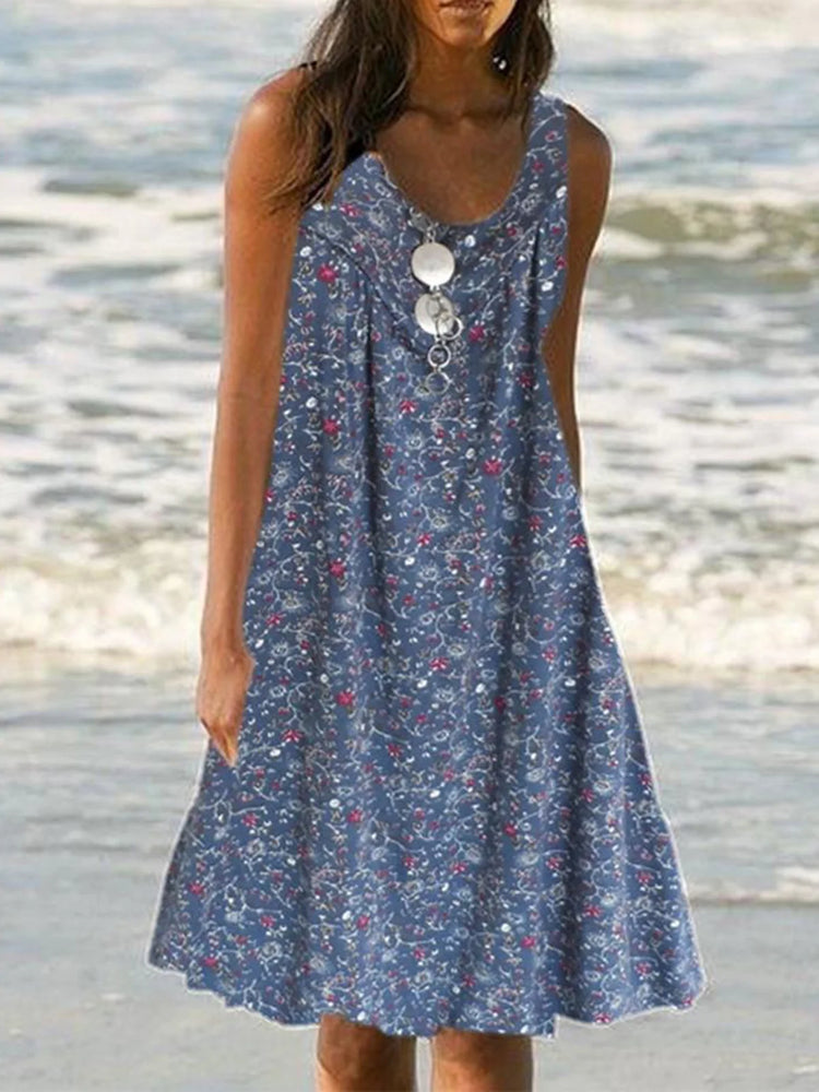 Plus Size Floral Print Beach Women Summer Midi Dresses-serendiple.com