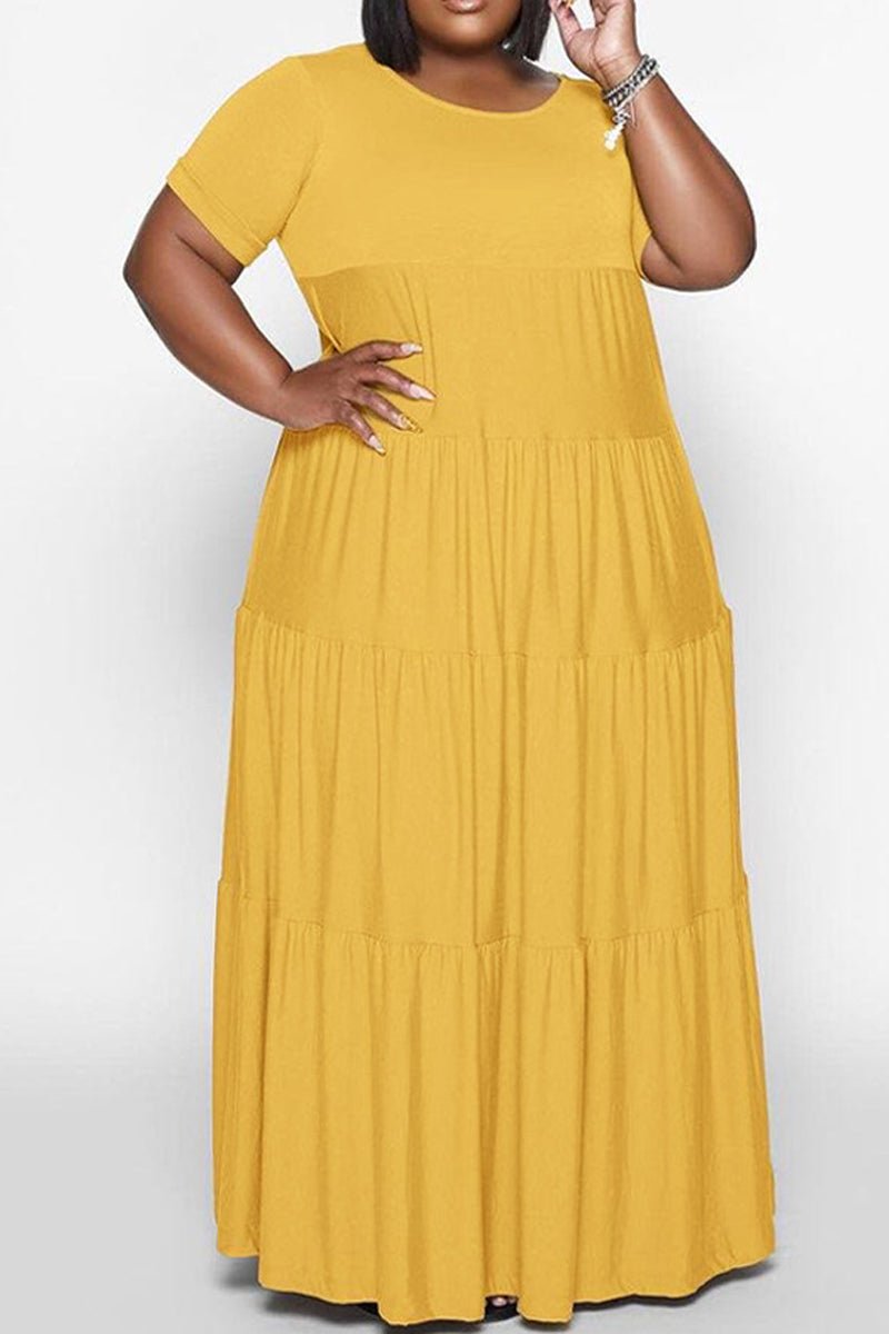 Plus Size Ruffle Round Neck Ruched Maxi Dress-serendiple.com