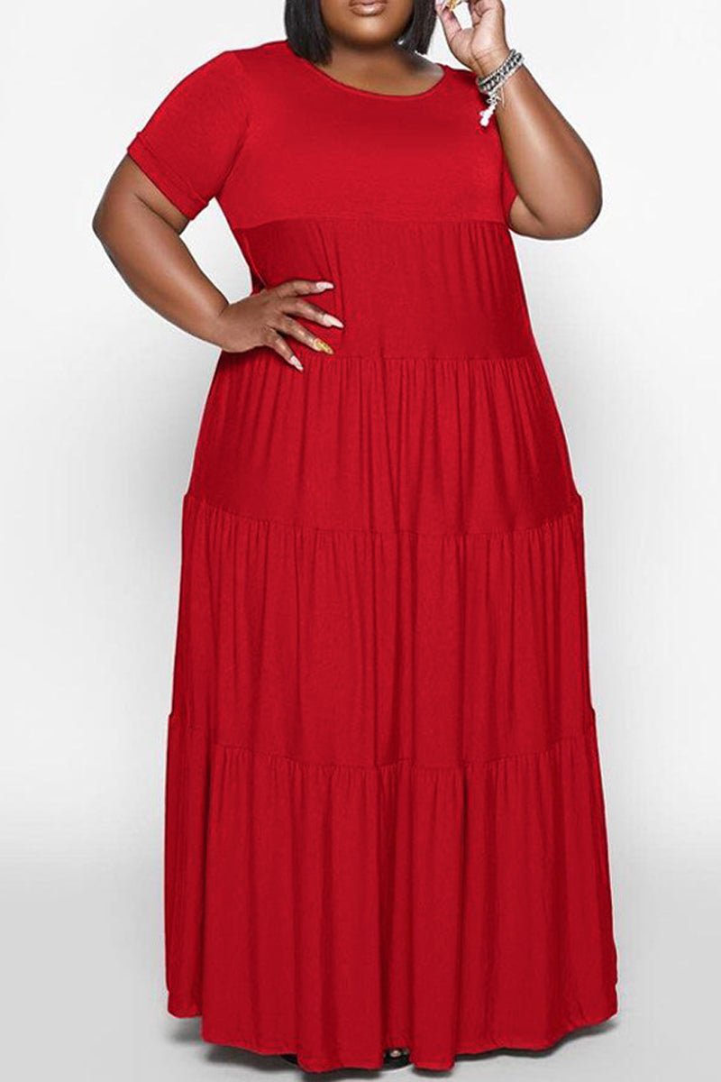 Plus Size Ruffle Round Neck Ruched Maxi Dress-serendiple.com