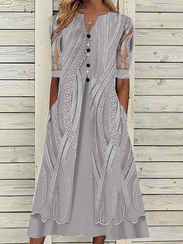 V-neck Printed Loose Short Sleeve Chic Dress-serendiple.com