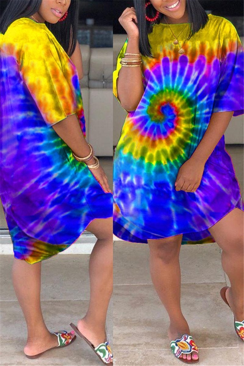 Plus Size Tie Dye Pocket Casual Dress-serendiple.com